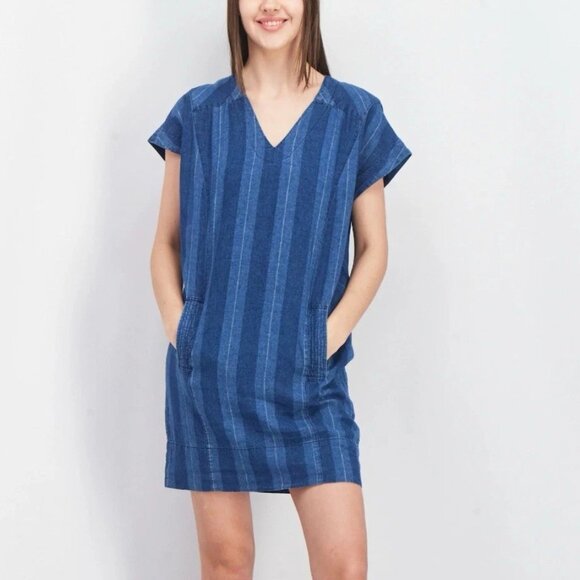 Joie Dresses & Skirts - JOIE Blue Striped Dyer Linen Blend V-Neck Shift Mini Dress Sz XS